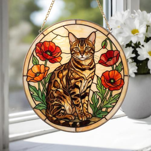 Custom Bengal Cat Suncatcher: Glass Panel Decor Floral Poppy Botanical Hanging , Cat Lover Gift - image 4