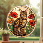 Custom Bengal Cat Suncatcher: Glass Panel Decor Floral Poppy Botanical Hanging , Cat Lover Gift - image 3