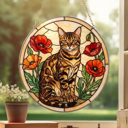 Custom Bengal Cat Suncatcher: Glass Panel Decor Floral Poppy Botanical Hanging , Cat Lover Gift - image 3