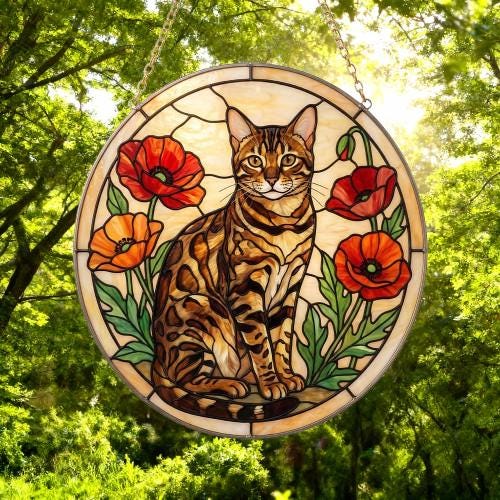 Custom Bengal Cat Suncatcher: Glass Panel Decor Floral Poppy Botanical Hanging , Cat Lover Gift - image 5