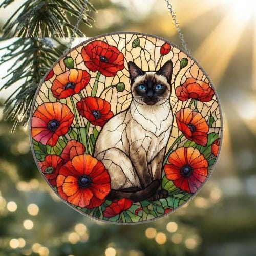 Custom Siamese Cat Suncatcher: Glass Panel Decor Floral Poppy Botanical Hanging , Cat Lover Gift - image 2
