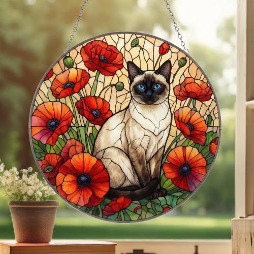 Custom Siamese Cat Suncatcher: Glass Panel Decor Floral Poppy Botanical Hanging , Cat Lover Gift - image 3