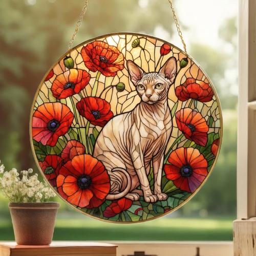 Custom Sphynx Cat Suncatcher: Glass Panel Decor Floral Poppy Botanical Hanging , Cat Lover Gift - image 3