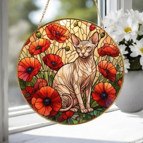 Custom Sphynx Cat Suncatcher: Glass Panel Decor Floral Poppy Botanical Hanging , Cat Lover Gift - image 4