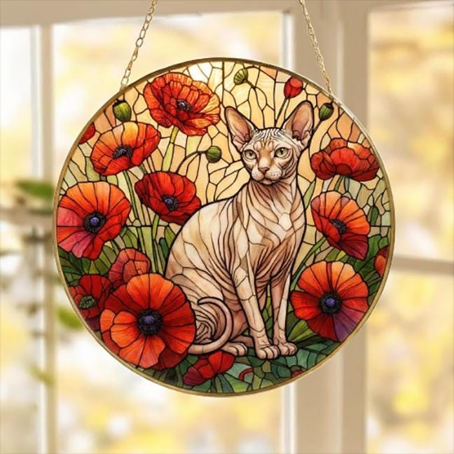Custom Sphynx Cat Suncatcher: Glass Panel Decor Floral Poppy Botanical Hanging , Cat Lover Gift