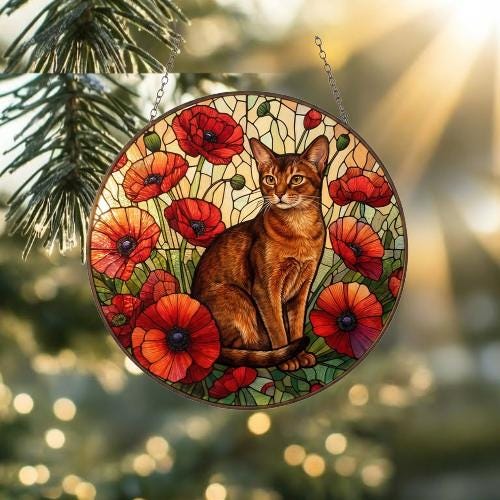 Custom Abyssinian Cat Suncatcher: Glass Panel Decor Floral Poppy Botanical Hanging , Cat Lover Gift - image 2