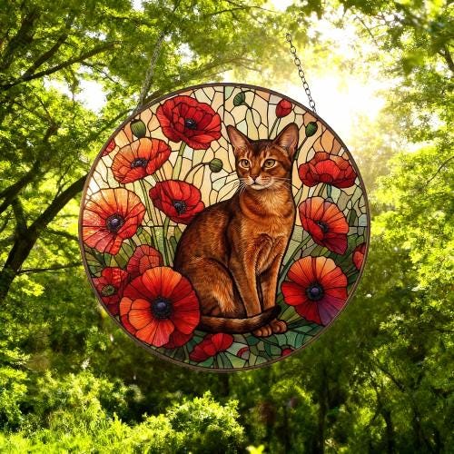 Custom Abyssinian Cat Suncatcher: Glass Panel Decor Floral Poppy Botanical Hanging , Cat Lover Gift - image 5