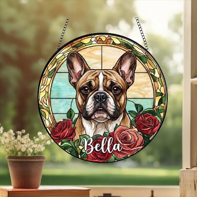 Custom French Bulldog Stained Glass Window Hanging, Dog Glass Suncatcher Decor, Stained Glass Window Hanging Decor, Gift For Dog Lover