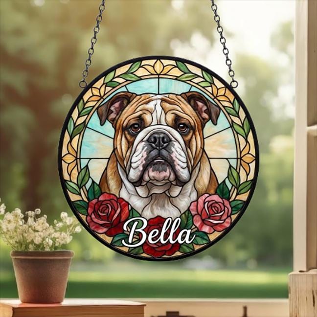 Custom Bulldog  Stained Glass Window Hanging, Dog Glass Suncatcher Decor, Stained Glass Window Hanging Decor, Gift For Dog Lover