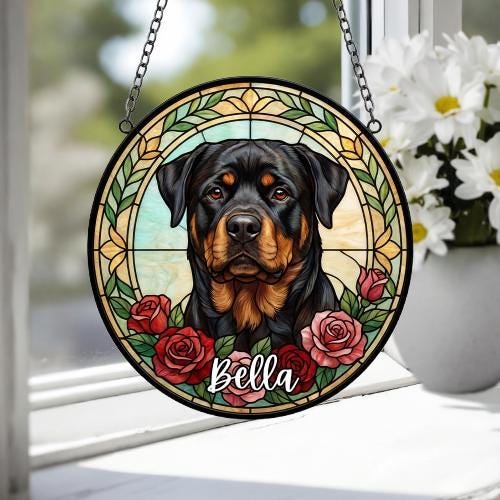Custom Rottweiler Stained Glass Window Hanging, Dog Glass Suncatcher Decor, Stained Glass Window Hanging Decor, Gift For Dog Lover - image 4