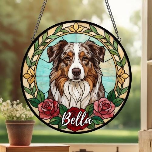 Custom Australian Shepherd Stained Glass Window Hanging, Dog Glass Suncatcher Decor, Stained Glass Window Hanging Decor, Gift For Dog Lover - image 3