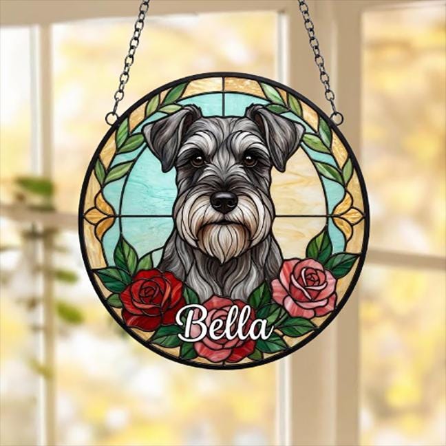 Custom Miniature Schnauzer  Stained Glass Window Hanging, Dog Glass Suncatcher Decor, Stained Glass Window Hanging Decor, Gift For Dog Lover