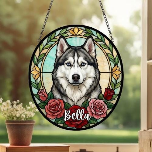 Custom Siberian Husky Stained Glass Window Hanging, Dog Glass Suncatcher Decor, Stained Glass Window Hanging Decor, Gift For Dog Lover - image 3