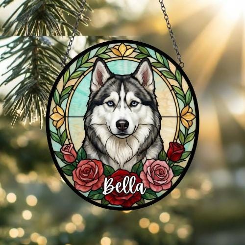Custom Siberian Husky Stained Glass Window Hanging, Dog Glass Suncatcher Decor, Stained Glass Window Hanging Decor, Gift For Dog Lover - image 2