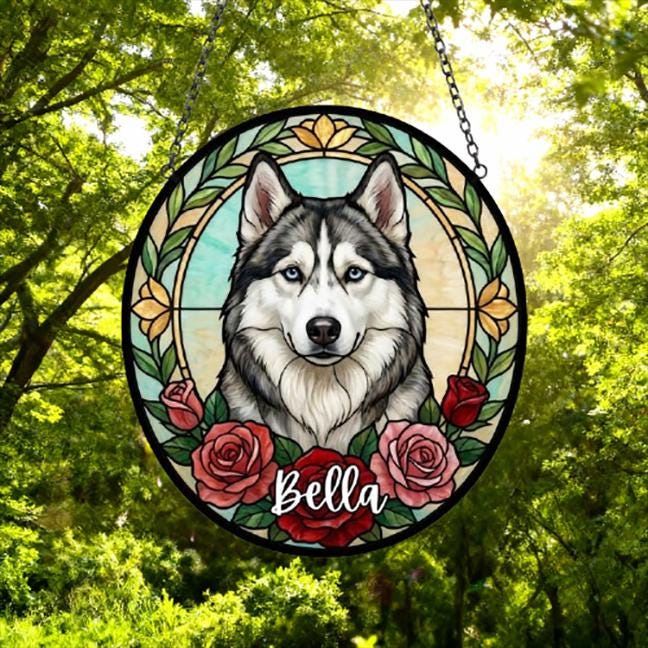 Custom Siberian Husky Stained Glass Window Hanging, Dog Glass Suncatcher Decor, Stained Glass Window Hanging Decor, Gift For Dog Lover