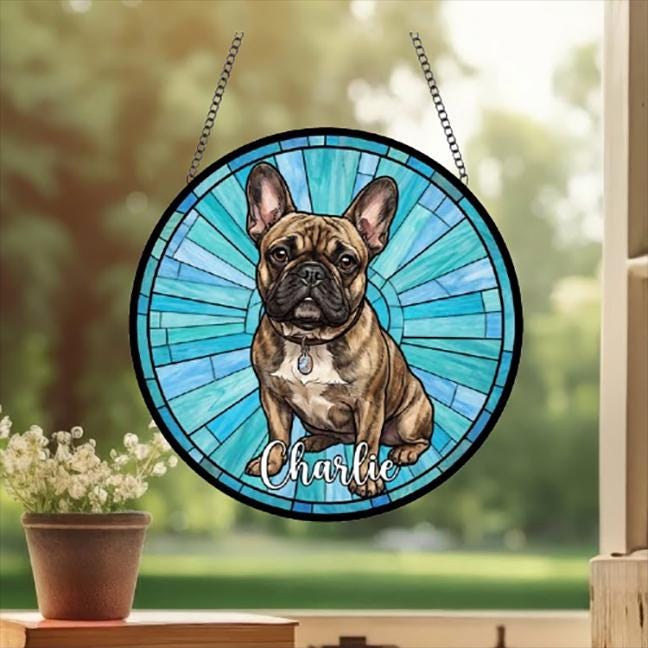 Custom French Bulldog Window Hanging Suncatcher, Dog Name Suncatcher Decor, Stained Glass Window Hanging Decoration, Gift For Dog Lover