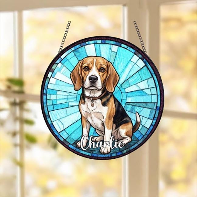 Custom Beagle  Window Hanging Suncatcher, Dog Name Suncatcher Decor, Stained Glass Window Hanging Decoration, Gift For Dog Lover