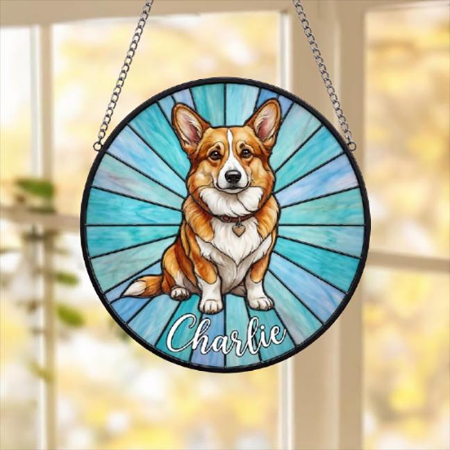 Custom Corgi  Window Hanging Suncatcher, Dog Name Suncatcher Decor, Stained Glass Window Hanging Decoration, Gift For Dog Lover