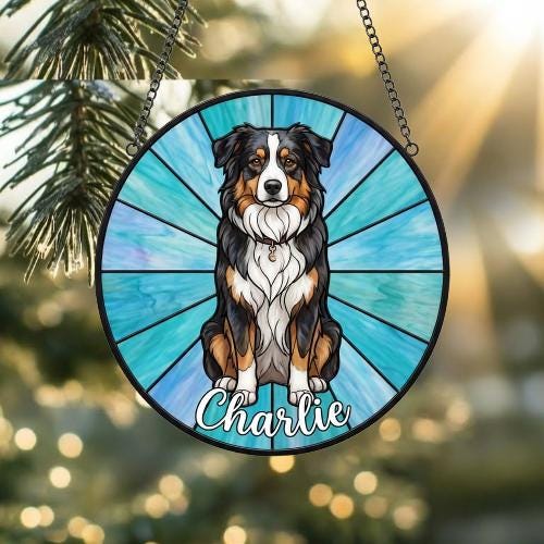 Custom Australian Shepherd Window Hanging Suncatcher, Dog Name Suncatcher Decor, Stained Glass Window Hanging Decoration, Gift For Dog Lover - image 2