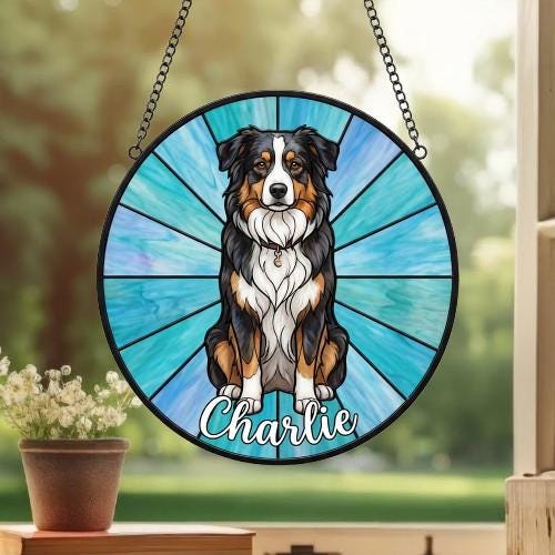 Custom Australian Shepherd Window Hanging Suncatcher, Dog Name Suncatcher Decor, Stained Glass Window Hanging Decoration, Gift For Dog Lover - image 3