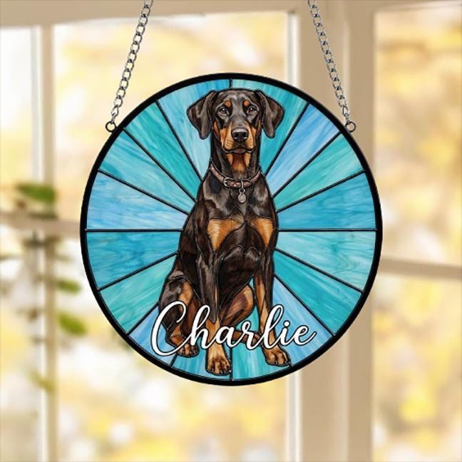 Custom Doberman Pinscher Window Hanging Suncatcher, Dog Name Suncatcher Decor, Stained Glass Window Hanging Decoration, Gift For Dog Lover