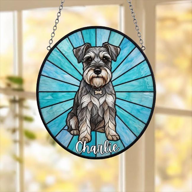 Custom Miniature Schnauzer Window Hanging Suncatcher, Dog Name Suncatcher Decor, Stained Glass Window Hanging Decoration, Gift For Dog Lover