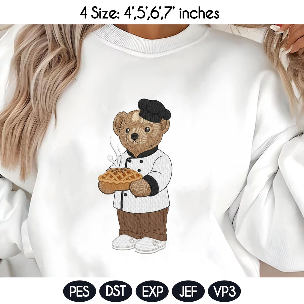 Teddy Bear Baker Embroidery Design, Baking and Cooking Bear Embroidery, Pastry Chef Machine File, Stylish Bear, 4 sizes, Digital Download - image 3