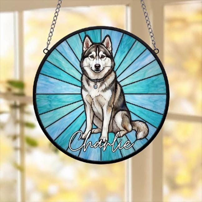 Custom Siberian Husky Window Hanging Suncatcher, Dog Name Suncatcher Decor, Stained Glass Window Hanging Decoration, Gift For Dog Lover