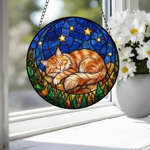 Custom Maine Coon Sleeping Cat Suncatcher, Stained Glass Window Hanging , Moon Starry Night Sun Catcher Gift for Cat Moms - image 3