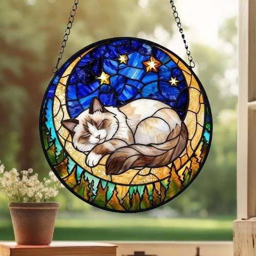 Custom Ragdoll  Sleeping Cat Suncatcher, Stained Glass Window Hanging , Moon Starry Night Sun Catcher Gift for Cat Moms - image 2