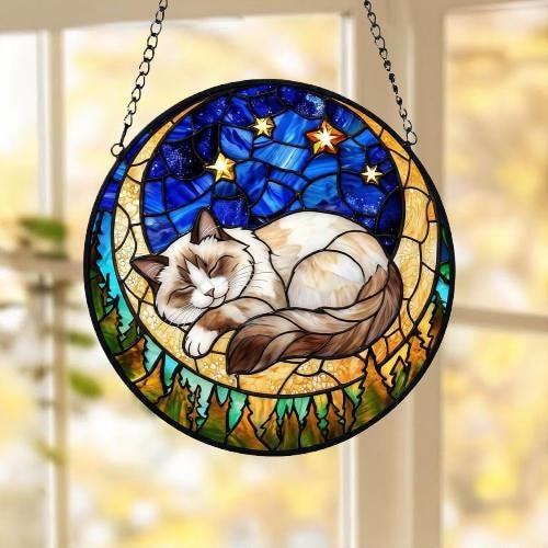 Custom Ragdoll  Sleeping Cat Suncatcher, Stained Glass Window Hanging , Moon Starry Night Sun Catcher Gift for Cat Moms - image 4
