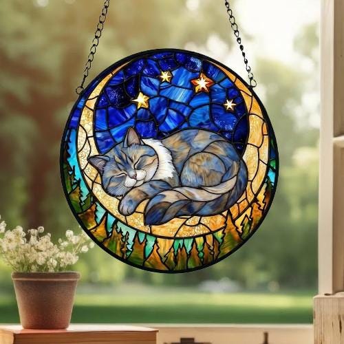 Custom British Shorthair Sleeping Cat Suncatcher, Stained Glass Window Hanging , Moon Starry Night Sun Catcher Gift for Cat Moms - image 3