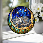 Custom British Shorthair Sleeping Cat Suncatcher, Stained Glass Window Hanging , Moon Starry Night Sun Catcher Gift for Cat Moms