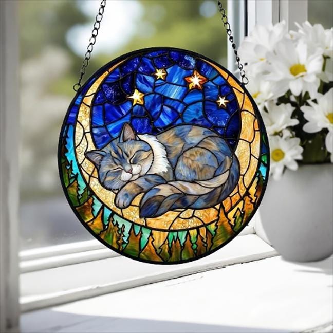 Custom British Shorthair Sleeping Cat Suncatcher, Stained Glass Window Hanging , Moon Starry Night Sun Catcher Gift for Cat Moms