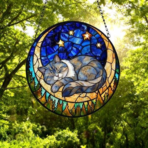 Custom British Shorthair Sleeping Cat Suncatcher, Stained Glass Window Hanging , Moon Starry Night Sun Catcher Gift for Cat Moms - image 4