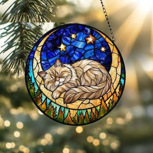 Custom Persian  Sleeping Cat Suncatcher, Stained Glass Window Hanging , Moon Starry Night Sun Catcher Gift for Cat Moms - image 2