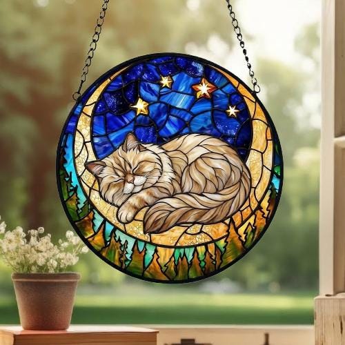 Custom Persian  Sleeping Cat Suncatcher, Stained Glass Window Hanging , Moon Starry Night Sun Catcher Gift for Cat Moms - image 3