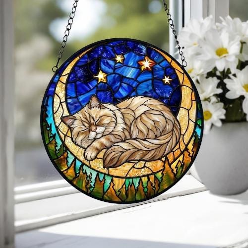 Custom Persian  Sleeping Cat Suncatcher, Stained Glass Window Hanging , Moon Starry Night Sun Catcher Gift for Cat Moms - image 4