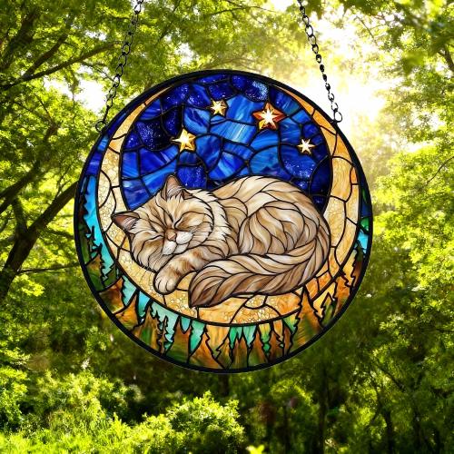 Custom Persian  Sleeping Cat Suncatcher, Stained Glass Window Hanging , Moon Starry Night Sun Catcher Gift for Cat Moms - image 5