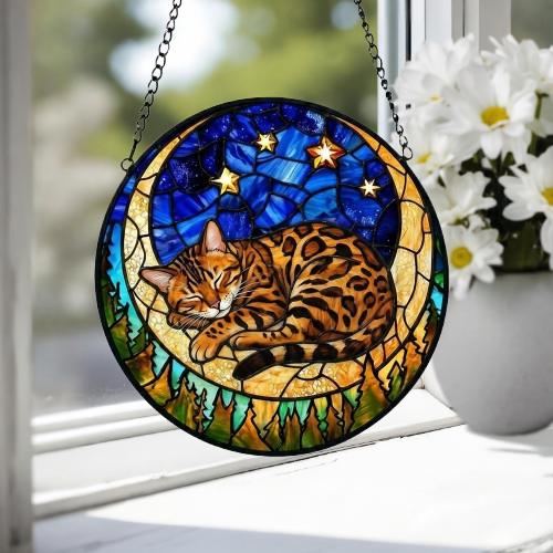 Custom Bengal  Sleeping Cat Suncatcher, Stained Glass Window Hanging , Moon Starry Night Sun Catcher Gift for Cat Moms - image 4