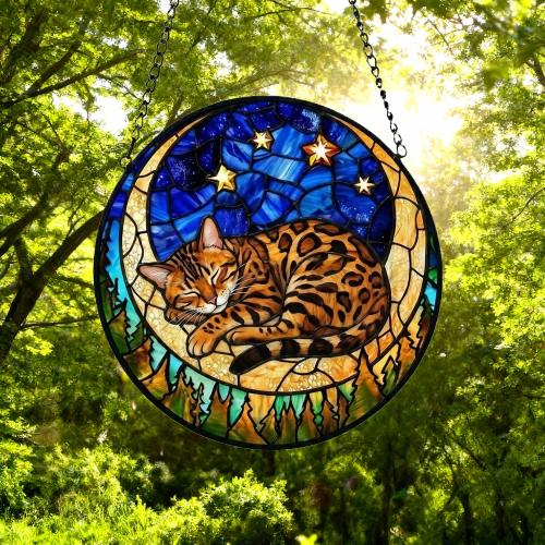 Custom Bengal  Sleeping Cat Suncatcher, Stained Glass Window Hanging , Moon Starry Night Sun Catcher Gift for Cat Moms - image 5