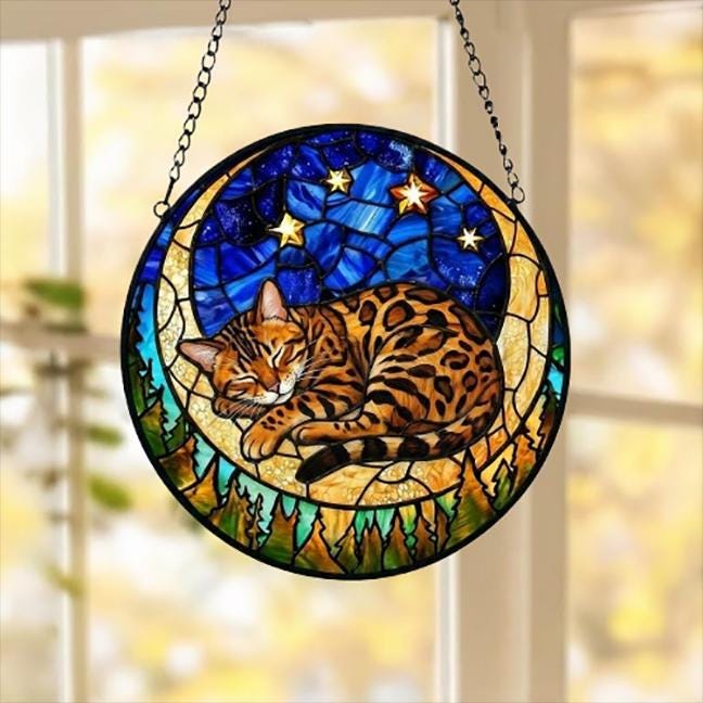 Custom Bengal  Sleeping Cat Suncatcher, Stained Glass Window Hanging , Moon Starry Night Sun Catcher Gift for Cat Moms