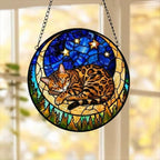 Custom Bengal  Sleeping Cat Suncatcher, Stained Glass Window Hanging , Moon Starry Night Sun Catcher Gift for Cat Moms