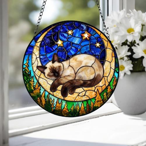Custom Siamese cat Sleeping Cat Suncatcher, Stained Glass Window Hanging , Moon Starry Night Sun Catcher Gift for Cat Moms - image 3