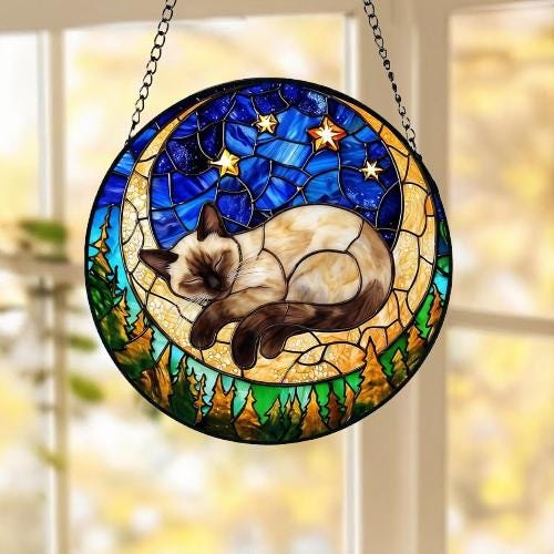 Custom Siamese cat Sleeping Cat Suncatcher, Stained Glass Window Hanging , Moon Starry Night Sun Catcher Gift for Cat Moms - image 5