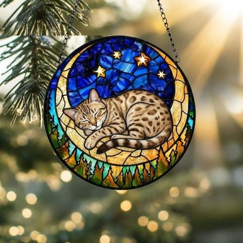 Custom Egyptian Mau cat Sleeping Cat Suncatcher, Stained Glass Window Hanging , Moon Starry Night Sun Catcher Gift for Cat Moms - image 2