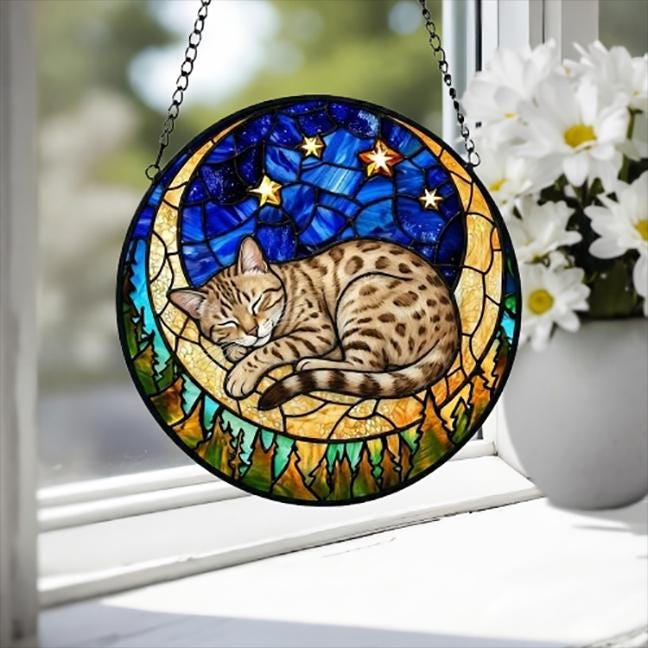 Custom Egyptian Mau cat Sleeping Cat Suncatcher, Stained Glass Window Hanging , Moon Starry Night Sun Catcher Gift for Cat Moms