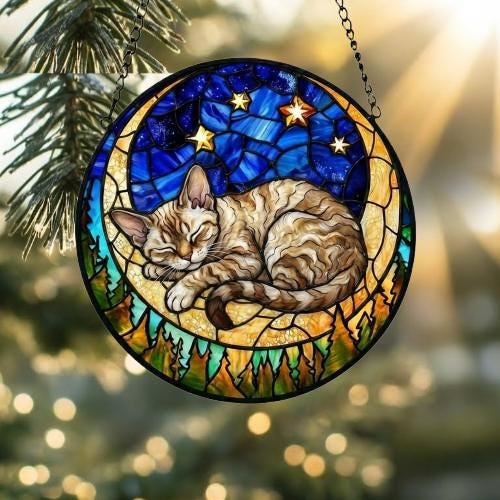 Custom Devon Rex cat Sleeping Cat Suncatcher, Stained Glass Window Hanging , Moon Starry Night Sun Catcher Gift for Cat Moms - image 2