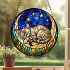 Custom Devon Rex cat Sleeping Cat Suncatcher, Stained Glass Window Hanging , Moon Starry Night Sun Catcher Gift for Cat Moms