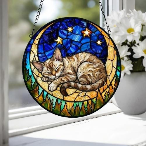 Custom Devon Rex cat Sleeping Cat Suncatcher, Stained Glass Window Hanging , Moon Starry Night Sun Catcher Gift for Cat Moms - image 3